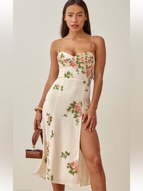 REFORMATION Juliette Marcona Cream Floral Bustier Side Slip Midi Dress